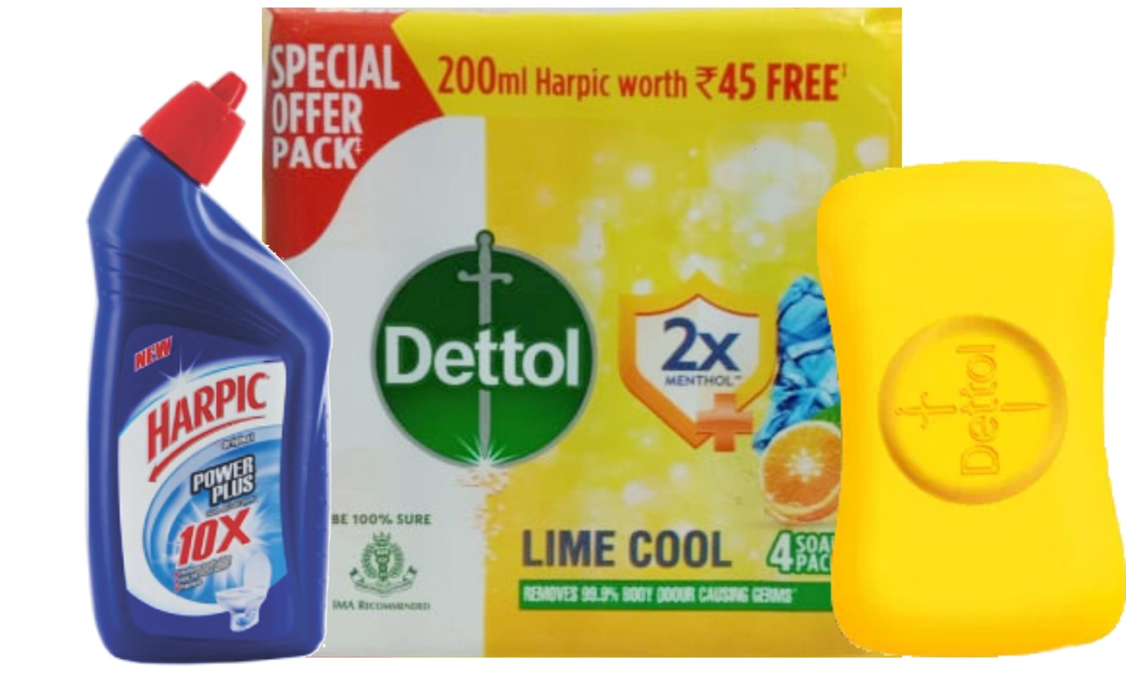 Dettol Lime Cool Soap Bar, 75gx4 and 200ml Harpic Free
